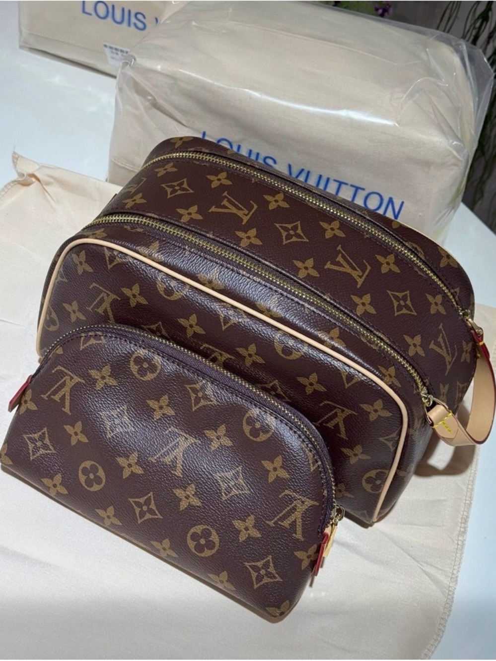 Monogram Canvas Dual Zip Toiletry Pouches in Brown